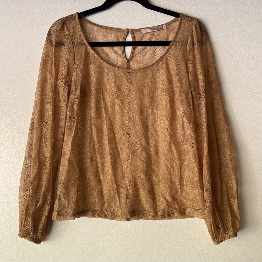 F21 • Sheer Lace Long Sleeve Top w/ Bishop Sleeves • Almond Brown 🤎